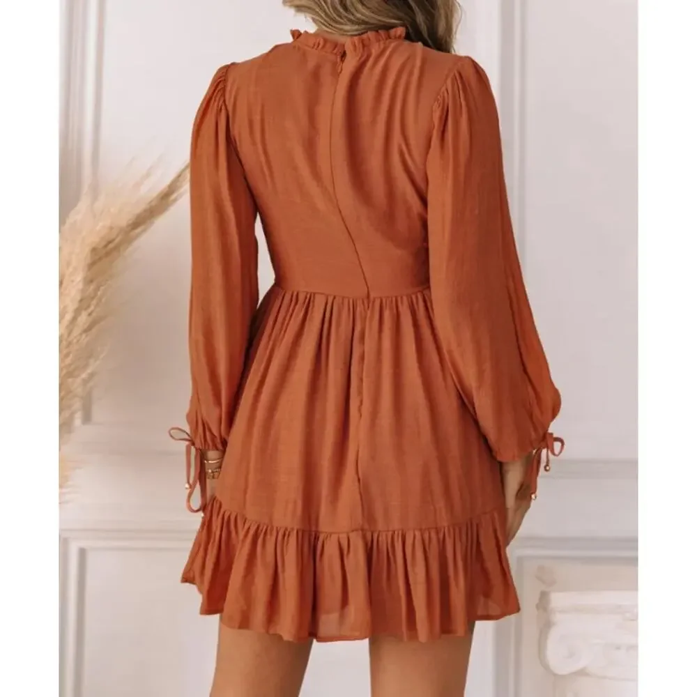 Smocked Frilled Neck Puff Sleeve Ruffle Hem Mini Dress NWOT Size S - Picture 2 of 11